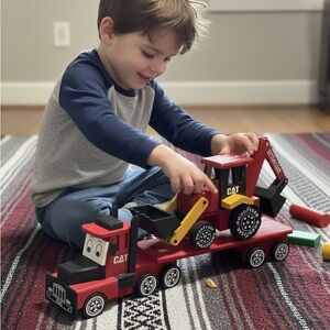 CAT Red and Yellow Construction Vehicle Set wood handmade toy